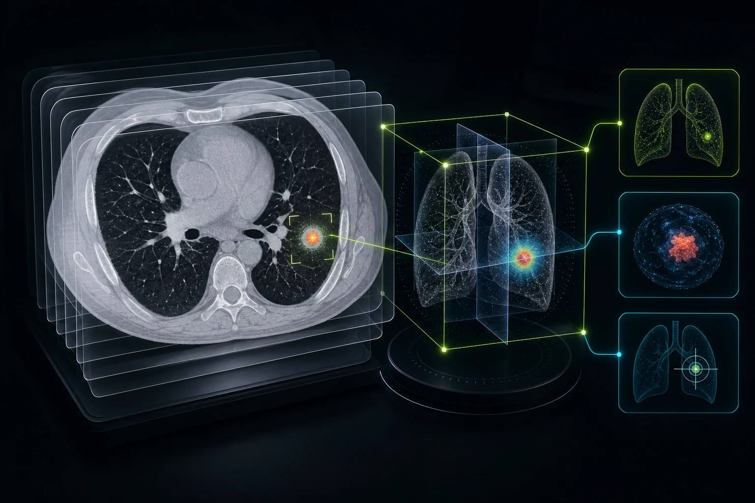 Layered chest CT scan with a highlighted lung nodule feeding a 3D deep learning analysis